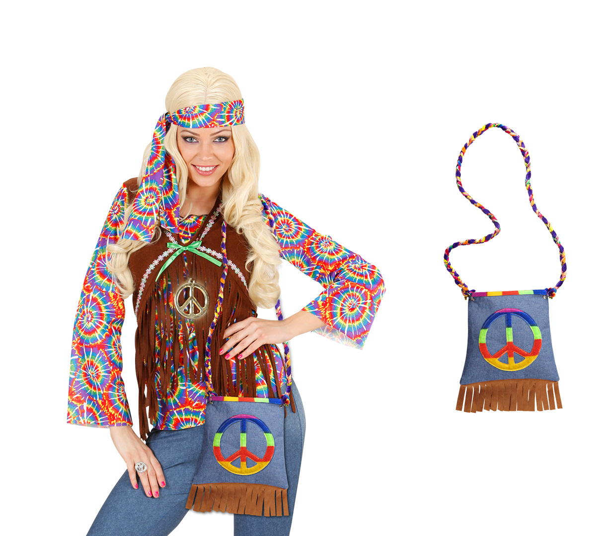Hippie-Handtasche für Erwachsene bunt , günstige Faschings